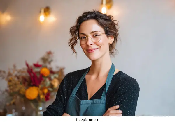 Portrait of a smiling young woman with curly hair and glasses