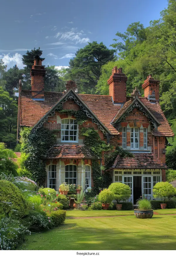 English country house surrounded by trees and flowers