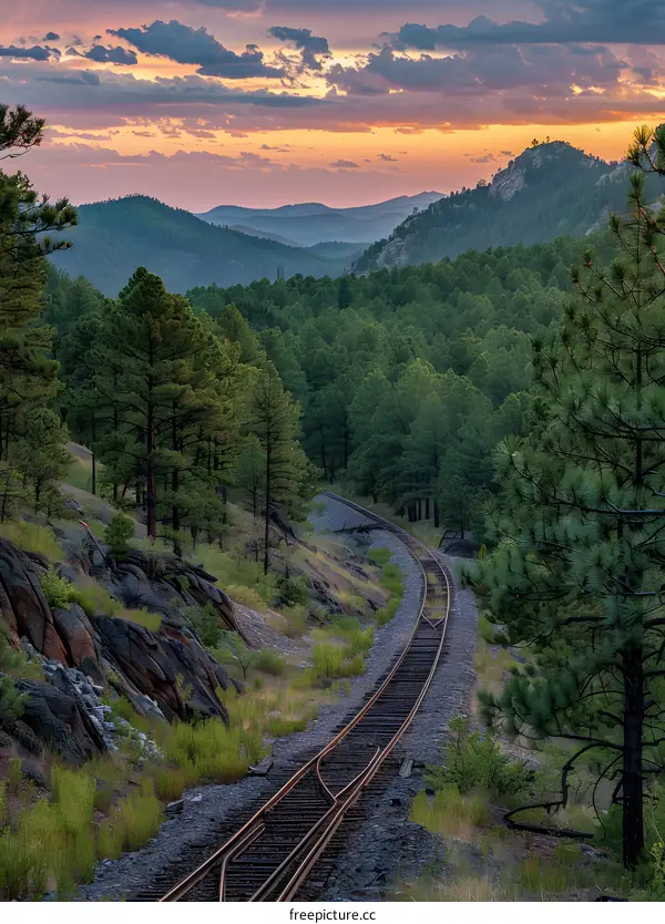 Railroad Tracks Wind Through a Forest