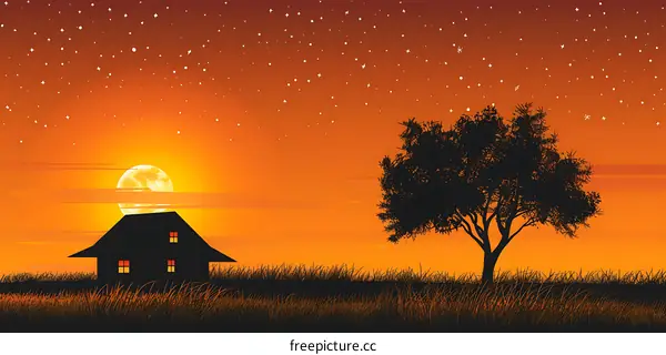 Silhouettes of a House, Tree, and Moon in a Starry Sky