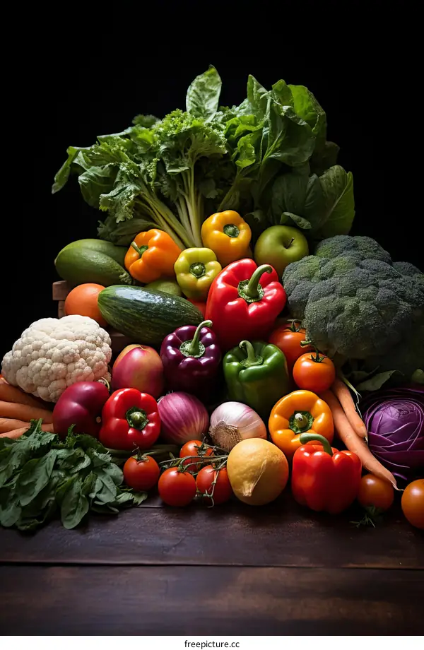 A variety of fresh vegetables and fruits are arranged together on a wooden table.