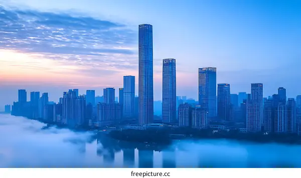 Sunrise Cityscape Over Misty River