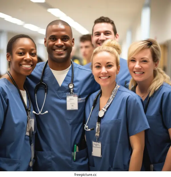 A group of diverse medical professionals smiling and posing for a photo