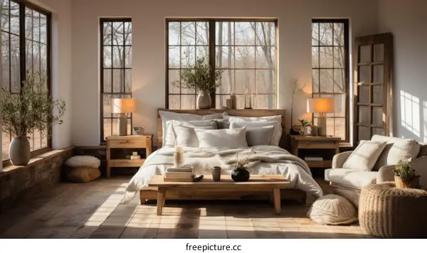 Wood Cabin Bedroom Interior with Expansive Windows