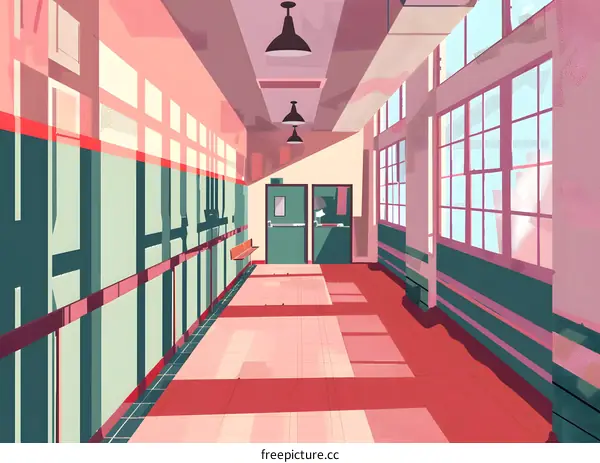 School Hallway Illustration with Pink Walls and Red Floor