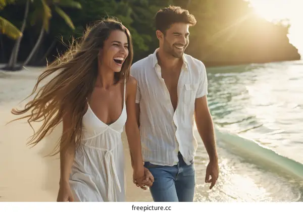 Laughing couple walking on the beach holding hands