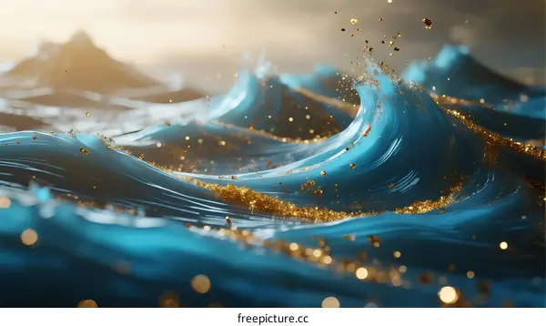 Dynamic Blue Ocean Waves with Golden Glitter and Sparkling Details