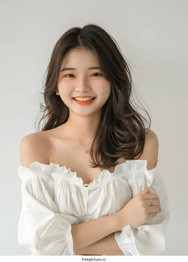 Beautiful Asian Woman in White Off Shoulder Blouse Posing Against a White Wall