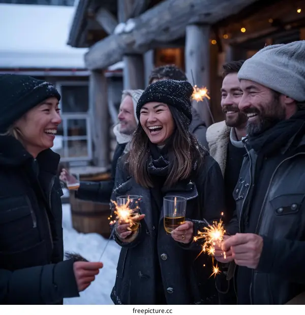 A group of friends celebrate New Year's Eve in a snowy forest.