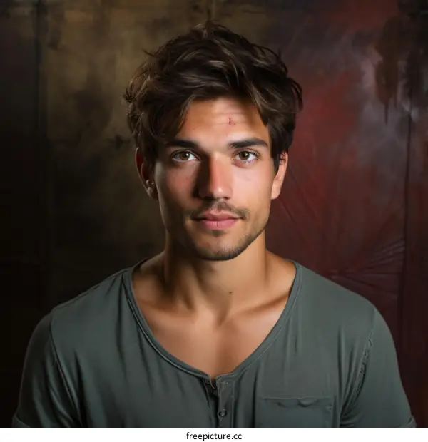Portrait of a Handsome Young Man with Brown Hair and Brown Eyes Wearing a Green Shirt