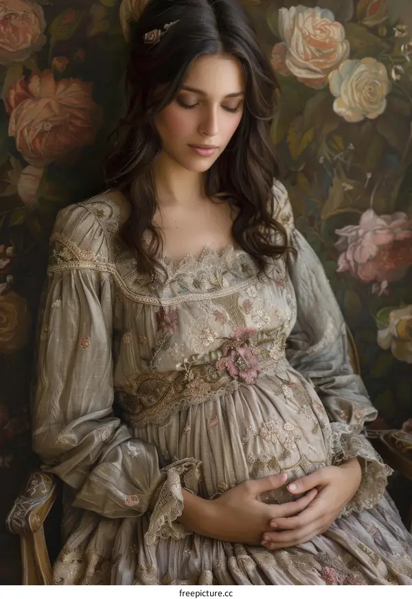 Portrait of a young pregnant woman in a vintage dress