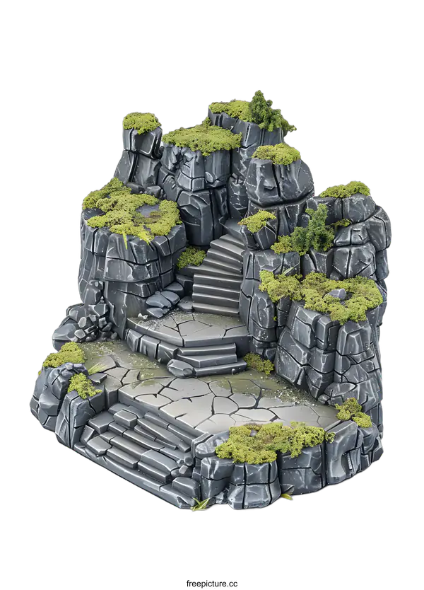 [Transparent Background PNG]Stone Mountain Miniature Landscape With Steps And Grass