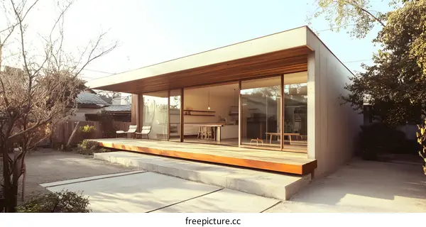 Modern Concrete House With Wooden Deck and Large Windows