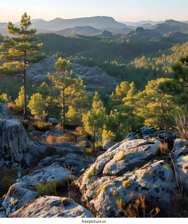 Rocky Landscape with Pine Trees and Mountain Ranges in the Background