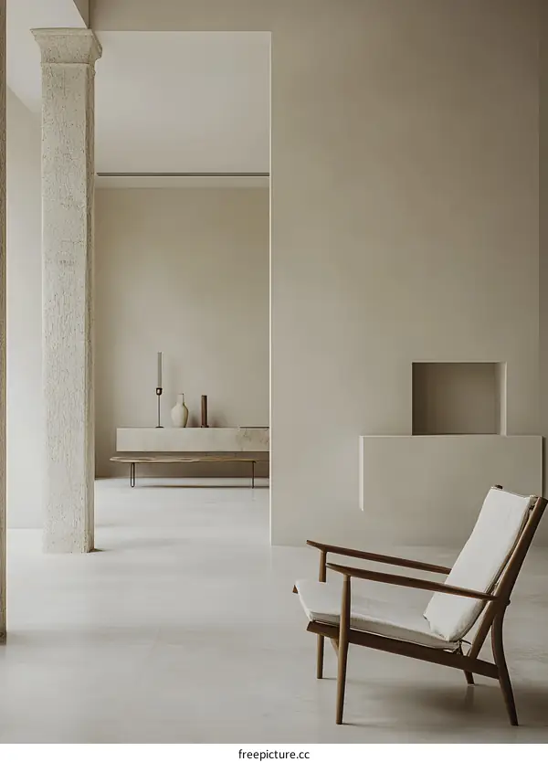 Minimalist Interior Design With White Walls And Wooden Chair