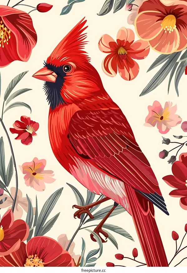 Red Cardinal Bird with Flowers Illustration
