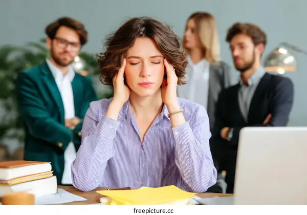 Stressed Woman in Office Setting with Colleagues