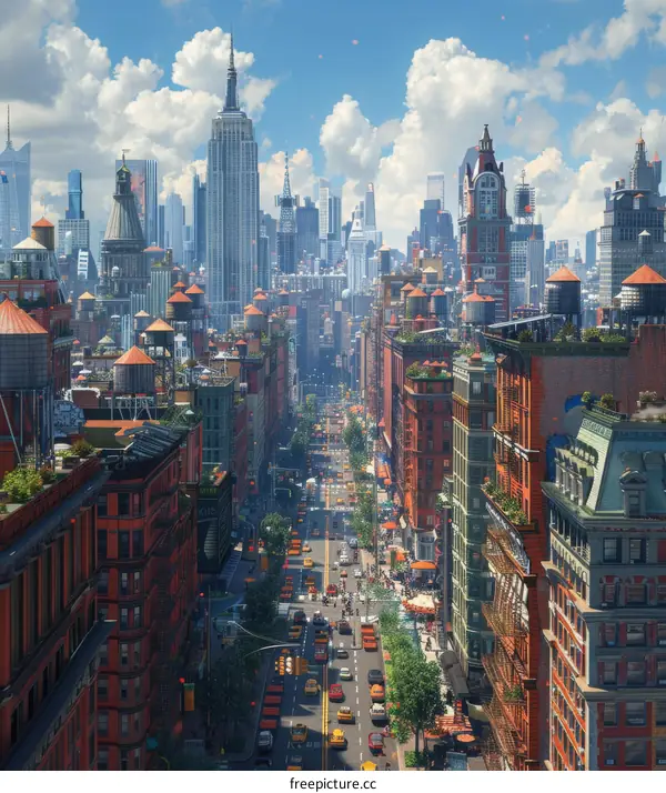 Bustling City with Towering Buildings and Crowded Streets