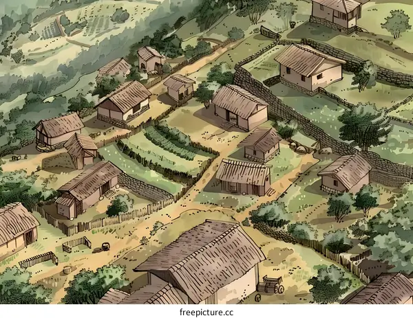 Aerial View of a Medieval Village with Houses, Farms and a Wall