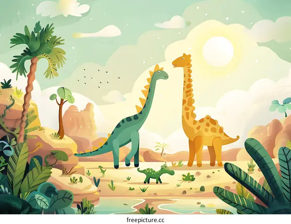 Dinosaur Family in Prehistoric Landscape