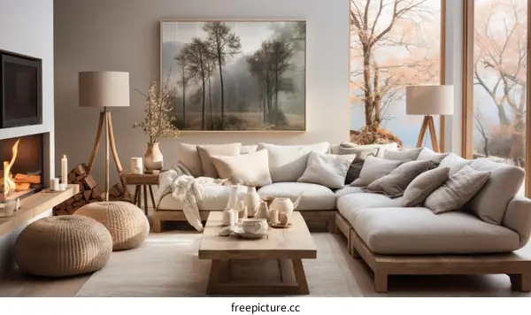 Bright living room with large sectional sofa, fireplace and picture window