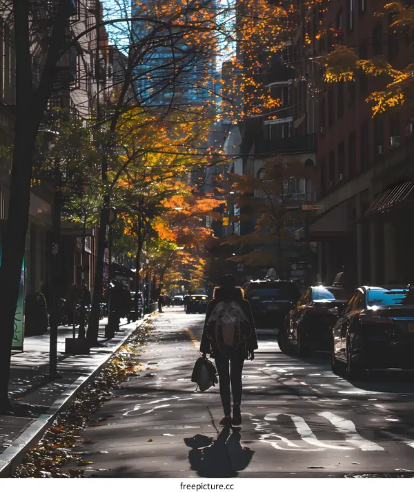 Woman Walking on a Street with Fall Colors