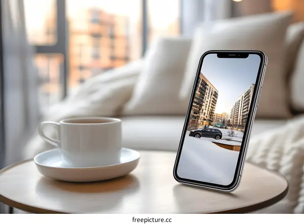 Smartphone on a Table with a Cup of Coffee in the Foreground