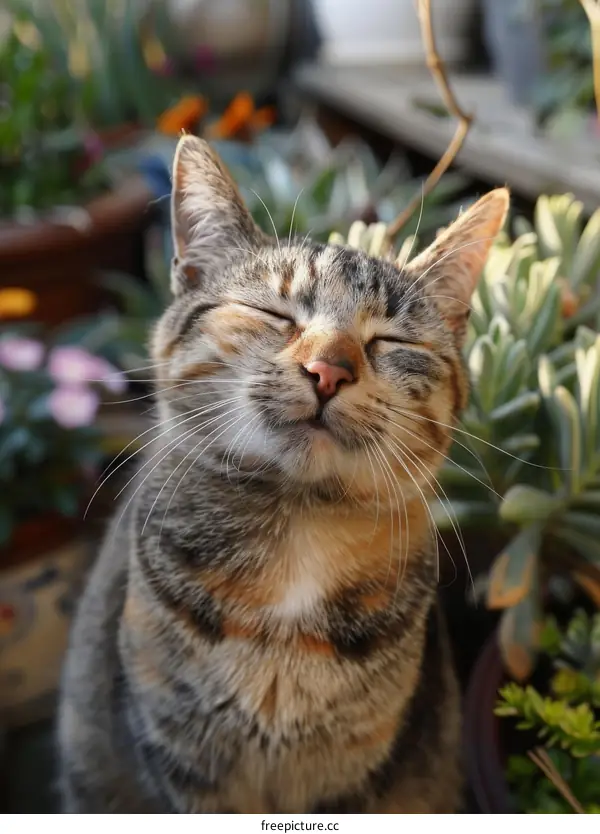 A ginger cat is sitting in a garden and basking in the sun with eyes closed