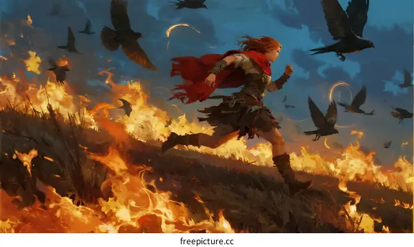 A Woman Running Through Flames with Birds Flying Around