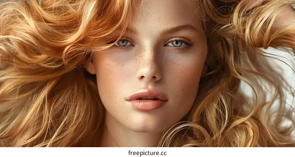 Closeup Portrait of Young Woman with Red Hair and Freckles