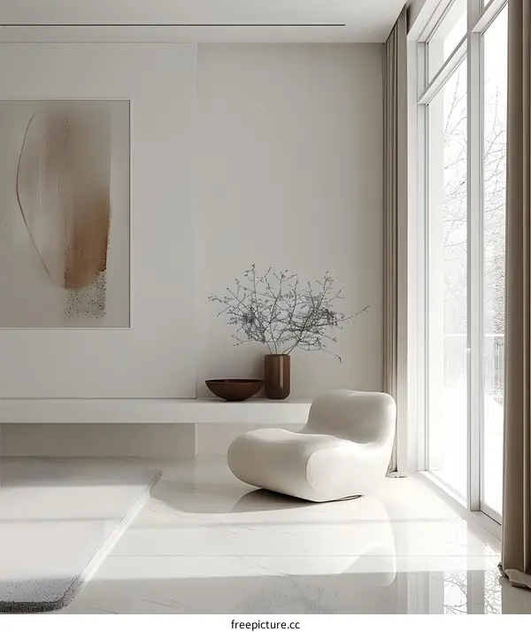 Modern Minimalist Living Room Interior Design with White Chair and Brown Vase