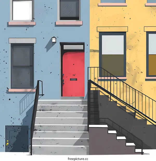 Red Door on a Building with Stairs