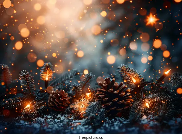 Christmas background with fir branches, pine cones and fairy lights