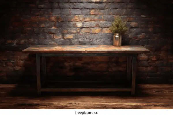 Rustic Industrial Wooden Table Against Brick Wall