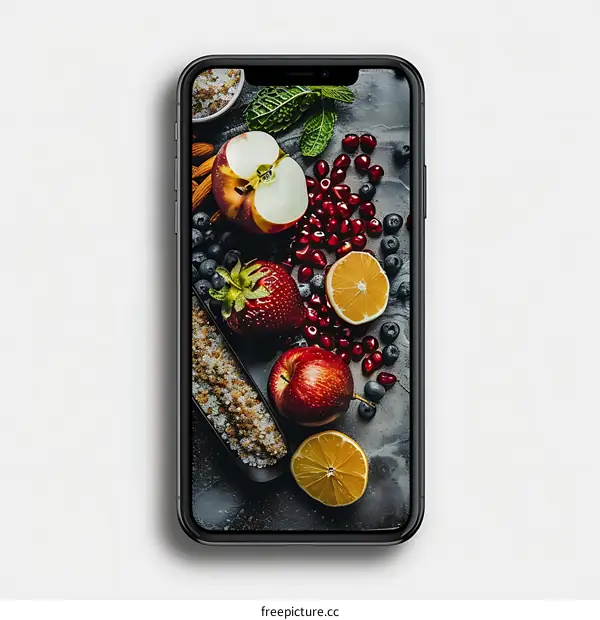 Black Smartphone Screen Displaying Fruit On White Background