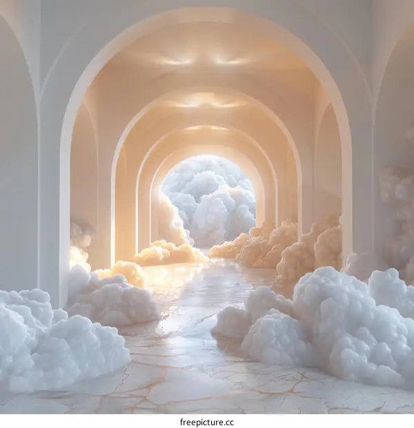 Surreal Cloud Corridor with Arched Hallway