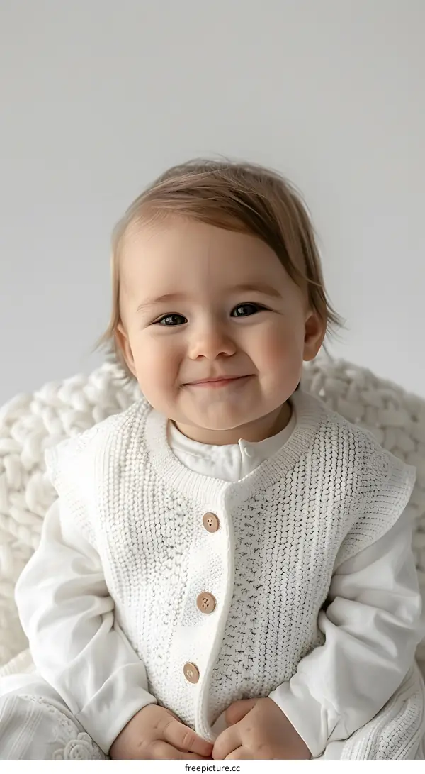 An adorable baby in a white knitted vest