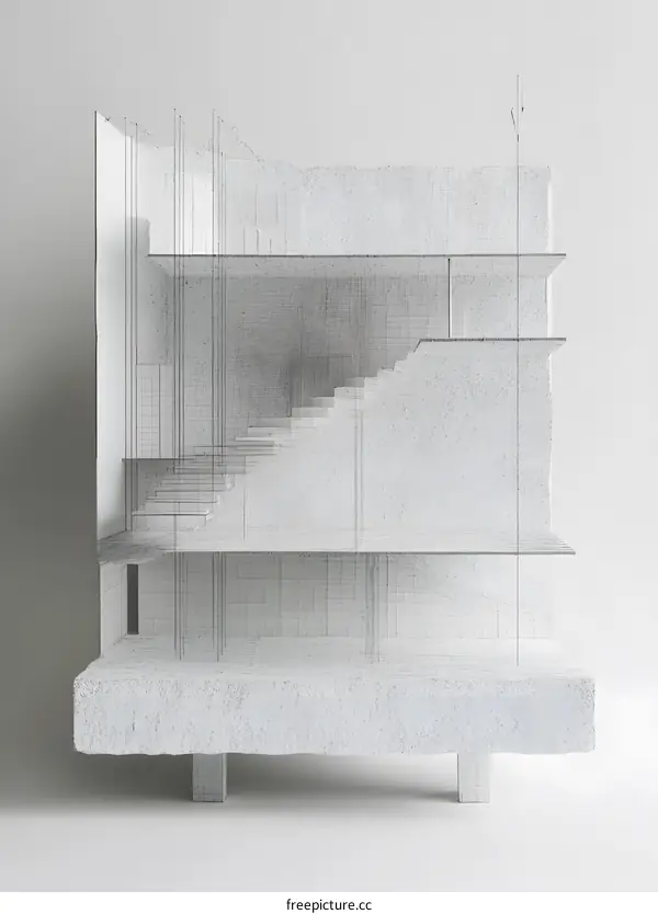 White Wireframe Model of a Building with Stairs