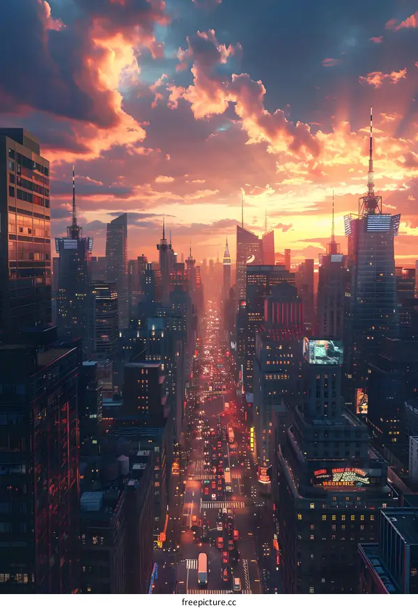 New York City Street View at Sunset