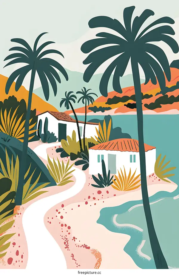 Tropical Illustration with Palm Trees and White Houses