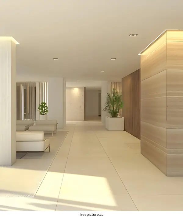 Modern Minimalist Interior Design of a Lobby with Wooden Wall Panels and Neutral Color Palette