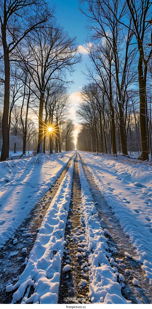Snowy Forest Path with Tire Tracks and Sunbeams
