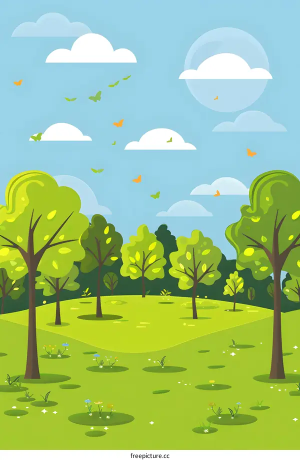 Beautiful Spring Landscape with Green Trees and Butterflies