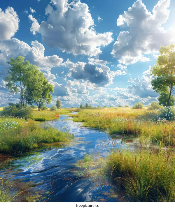 Small River Flowing through Scenic Fields Under Blue Sky