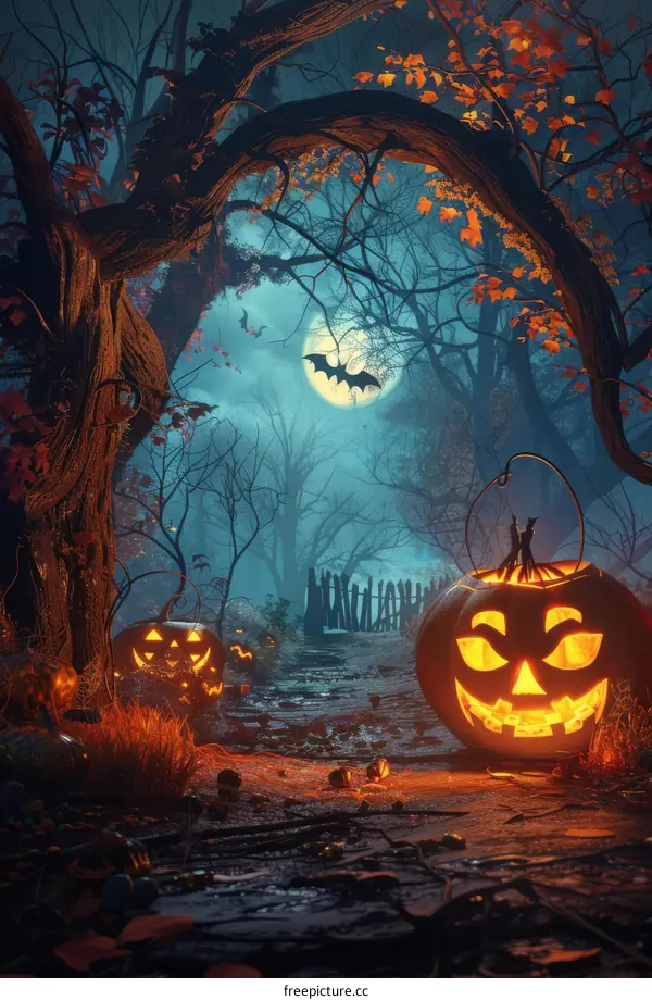 Spooky Halloween night in the eerie forest