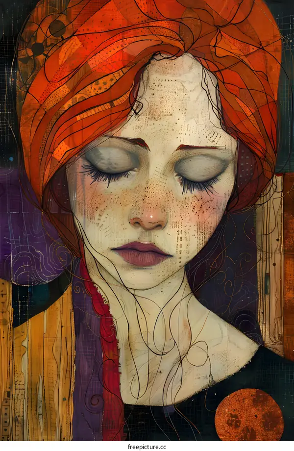 portrait of a freckled redheaded woman wearing an orange turban