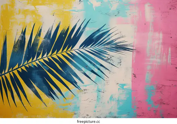 Blue Palm Leaf on Yellow and Pink Background