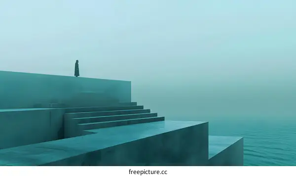 Abstract Minimalist Surreal 3D Render of a Lone Person Standing On Top of a Concrete Staircase with a Misty Background