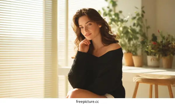 Beautiful Woman in a Cozy Sweater by the Window