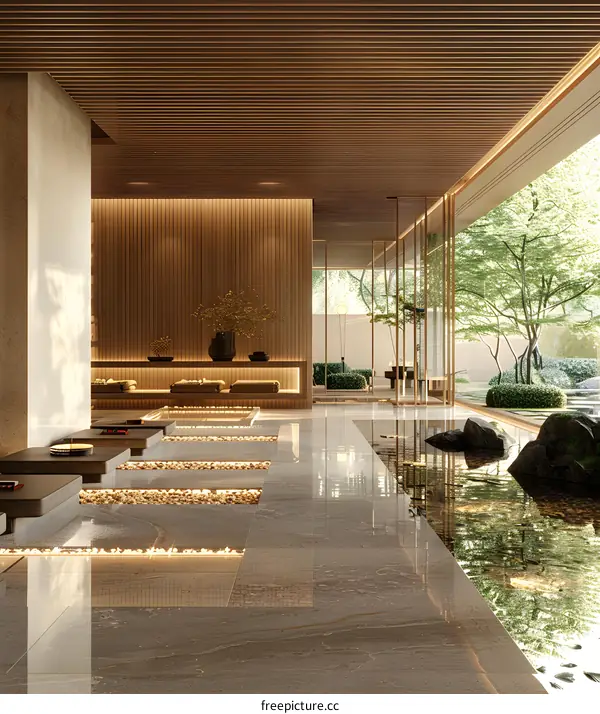 Courtyard with stone and wood elements and large glass windows